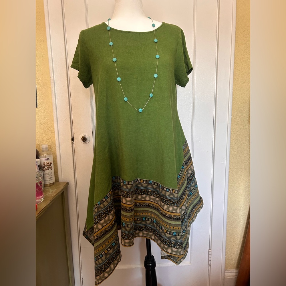 Green 100% Linen Asymmetrical Hemline Dress with Tribal Print